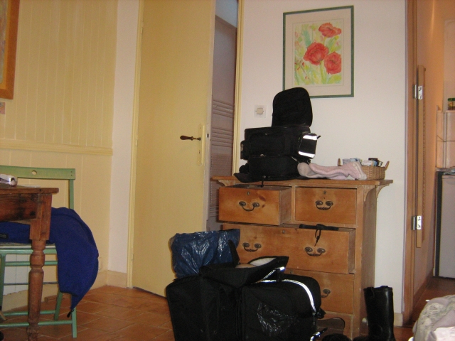bike luggage and gear ready to be packed at the small studio in honfleur